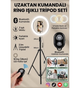 Bluetooth KUMANDALI 10"inç Ring Light Youtuber Tiktok Çekim Işıklı Telefon Tutucu Influencer Makyaj Işığı 2.10 m Tripod