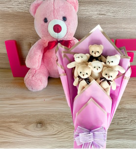 Premium 35 cm Peluş Ayı ve Lila Yumoş Peluş Ayıcık Buketi–Sevdiklerinize Özel (Pembe)