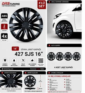 Ford Uyumlu 16 Inc Kırılmaz Parlak Siyah Jant Kapağı 1 Takım 4 Adet No:427