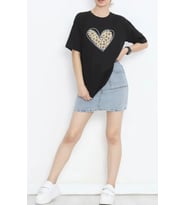 14 Şubat Sevgililer Günü Leopar Kalp Baskılı Oversize Bisiklet Yaka T-shirt - Siyah