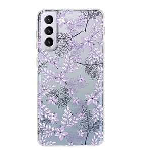 Samsung Galaxy S21 Plus  Kamera Korumalı Kapak Floral Lila Tasarımlı  Şeffaf Kılıf