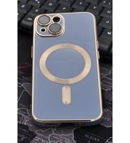 iPhone 14 Uyumlu MagSafe Özellikli Lens Korumalı Lazerli Renkli Kılıf Mavi