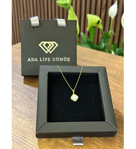 (ÇANTALI KUTU) 925 Ayar Gümüş 18 ayar Gold Kaplama BEYAZ Taşlı Yonca Kolye