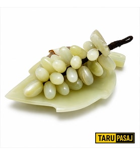 Doğal Oniks Taş Yaprak Tabak & 30 Taneli Üzüm Salkımı – Feng Shui Dekor Objesi