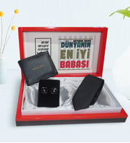 BK Gift Kişiye Özel Dünyanın En İyi Babası Tasarımlı Mesajlı Kutuda Cüzdan Kravat ve Kol Düğmesi Hediye Seti-1