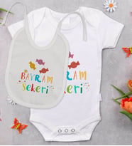 BK Kids Bayram Şekeri Tasarımlı Bebek Body Zıbın ve Mama Önlüğü Hediye Seti - Model 1