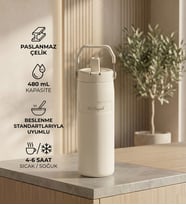 Kişiye Özel Pipetli ve Kulplu Paslanmaz Çelik Termos - 480 mL Mug Krem