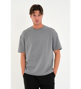 Blank Unisex Oversize Geniş Kesim Tişört %100 Pamuk Kalın Dokulu Bisiklet Yaka T-shirt (Füme)