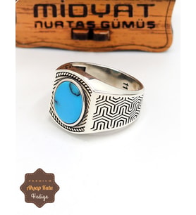 Firuze Taşlı Geometrik Motifli 925 Ayar Gümüş Erkek Yüzük 201024872