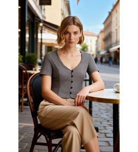 Kadın Bluz Crop V Yaka Kısa Kol Ekose Kareli Desen Düğmeli Fitted Kalıp Gofre Dokulu Örme Kumaş