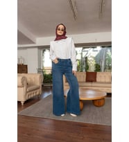 1067-Denim Bol Paça Pantolon Koyu Mavi