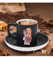 BK Gift Kişiye Özel Anne Kız Karikatürlü Siyah Renk Türk Kahvesi Fincanı-1, Arkadaşa Hediye, Aileye Hediye, Yıl Dönümü Hediyesi