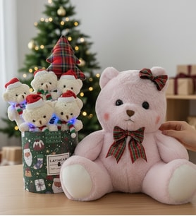 Premium Serisi - Noel Yılbaşına Özel Noel Silindir Led Işıklı Buket Sevimli Pembe Ayıcık