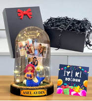 Sizlere Özel 3 Fotoğraflı Yazılı Led Işıklı Fanus - Doğum Günü Hediyesi İyi Ki Doğdun (Model 7)