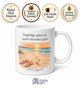 Terlik Kumsalda Ayak İzi Çizimli Tatil Temalı Baskılı Porselen Kupa Bardak Hediye