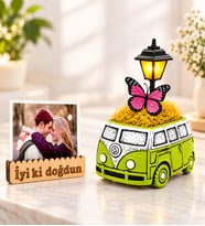 Doğum Günü Hediyesi Kişiye Özel Fotoğraflı Yeşil Vosvos Minibüs Masa Lambası ve İyi Ki Doğdun Fotoğraf Tutucu