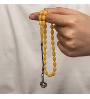 Sıkma Kehribar Kazaz Püsküllü 1000 Ayar Gümüş Tesbih (Bej)