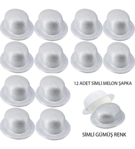 Gümüş Renk Simli Melon Yuvarlak Parti Şapkası 12 Adet
