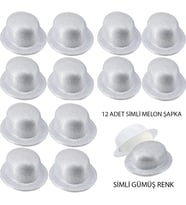 Gümüş Renk Simli Melon Yuvarlak Parti Şapkası 12 Adet