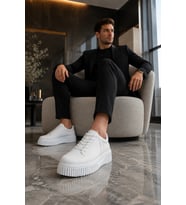 Dlob Erkek Bağcıklı Cilt Günlük Casual Spor Sneaker Ayakkabı - Beyaz