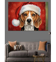 Noel Şapkalı Sevimli Beagle Köpeği Dekoratif Kanvas - Mdf Ahşap Tablo