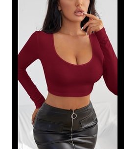 Fantezia Night Kadın Bordo Uzun Kol Kare Yaka Crop Top Bluz