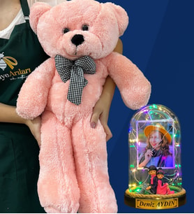 Kişiye Özel Renkli Led Işıklı Fanus ve Büyük Boy Pembe Peluş Ayıcık (Model 7)