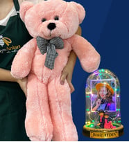 Kişiye Özel Renkli Led Işıklı Fanus ve Büyük Boy Pembe Peluş Ayıcık (Model 7)