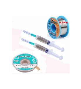 Dörtlü Set Flux,lehim Emme Tel 3,5mm Ve Lehim Teli Soldering 63sn/37pb Flux %1-3 40gr 0,5mm