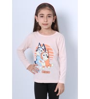 KIZ ÇOCUK UZUN KOL TSHİRT BLUEY İLE BİNGO BASKILI BİSİKLET YAKA D46 (Toz Pembe)