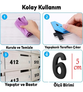 Yapışkanlı Kapı Numarası Küçük Boy 50 mm 5 cm Numara 6 Rakam Altı Sayı Siyah Renk Numaralar 1 Adet