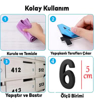 Yapışkanlı Kapı Numarası Küçük Boy 50 mm 5 cm Numara 6 Rakam Altı Sayı Siyah Renk Numaralar 1 Adet