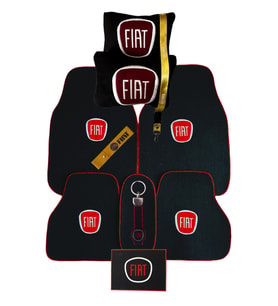Fiat Uyumlu Nakış İşlemeli Oto Paspas & Siyah 2'li Boyun Yastığı & Sarı Aksesuar Seti