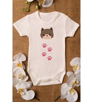 Kız Bebek Sevimli Kedi Ve Pati Baskılı Ekru Çıtçıtlı