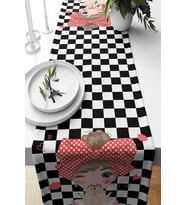 Pelangi Siyah Beyaz Dama Desen Leke Tutmaz Kumaş Salon Mutfak Masa Değişik Ranır Modelleri Runner, Siyah-Beyaz-Pembe 40 x 140