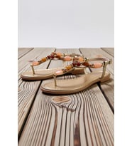 Kadın Düz Topuklu T-Strap Sandalet Bilekten Bağlamalı Boncuk Detaylı Suni Deri Yazlık Ayakkabı Rahat