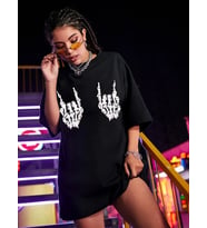 Kadın Baskılı T-Shirt Kısa Kol Bisiklet Yaka Oversize Rahat Kalıp Tişört - Siyah