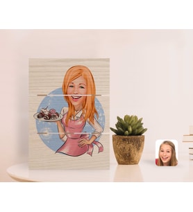 BK Gift Kişiye Özel Kadın Aşçı Karikatürlü Otantik Masaüstü Ahşap Palet Çerçeve-4 (Beyaz)