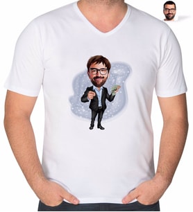 BK Gift Kişiye Özel Erkek Milyoner Karikatürlü V Yaka Tişört-1 (Beyaz)