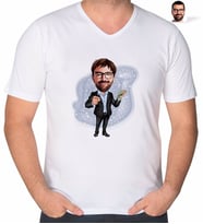BK Gift Kişiye Özel Erkek Milyoner Karikatürlü V Yaka Tişört-1 (Beyaz)