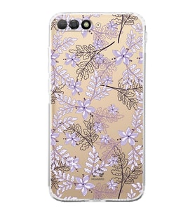 Huawei Y6 2018  Kamera korumalı Kapak Floral Lila Tasarımlı  Şeffaf Kılıf