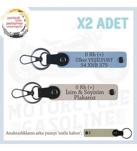 Motorcu Tarzına Özel, İsim Plaka ve 0 Rh (+) Kan Grubu Yazılı Hediyelik x2 Anahtarlık, Pudra-Mavi-SK (Çok Renkli)