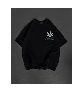 Unisex Bisiklet Yaka Baskılı Oversize T-Shirt - Siyah