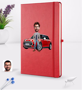 BK Gift Kişiye Özel Plakalı Erkek Mini Cooper Karikatürlü Kırmızı Termo Deri Defter 16x24cm Model 1