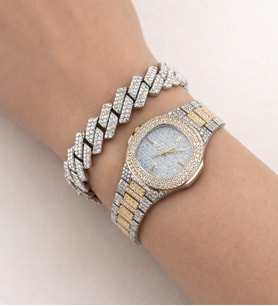 Taşlı Gold Iced Out Saat Ve Küba Bileklik Seti (Altın-Gümüş)