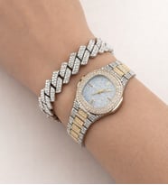 Taşlı Gold Iced Out Saat Ve Küba Bileklik Seti (Altın-Gümüş)