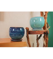 Bitki Tasarımı Ev Dekorasyon Okyanus Mavisi Ve Turkuaz  Artistik Çift Sırlı İç Ve Dış Mekan Kullanımlı Tabaklı Toprak Terrakota Saksı Saksılık Salon Çiçeklik İkili Set