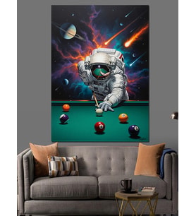 Bilardo Masasında Kasklı Astronot Figürü Dekoratif Kanvas - Mdf Ahşap Tablo