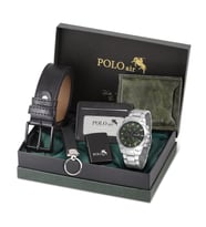 Polo Air Erkek Kol Saati Cüzdan Kemer Kartlık Çakmak Anahtarlık Kombin Set Gümüş Yeşil Renk PL-0993E4 (Yeşil-Grı)