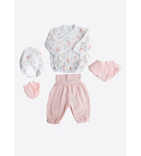 Organik Flamingo Müslin 5'li Hastane Çıkış Seti Pembe